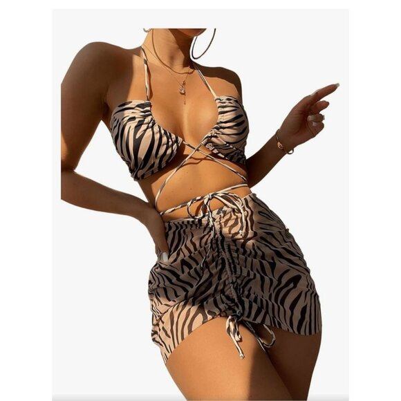 Gorglitter Womens 3 Pc Swimsuit Size L High Waisted Lace Up Zebra Bikini Skirt - Picture 2 of 8
